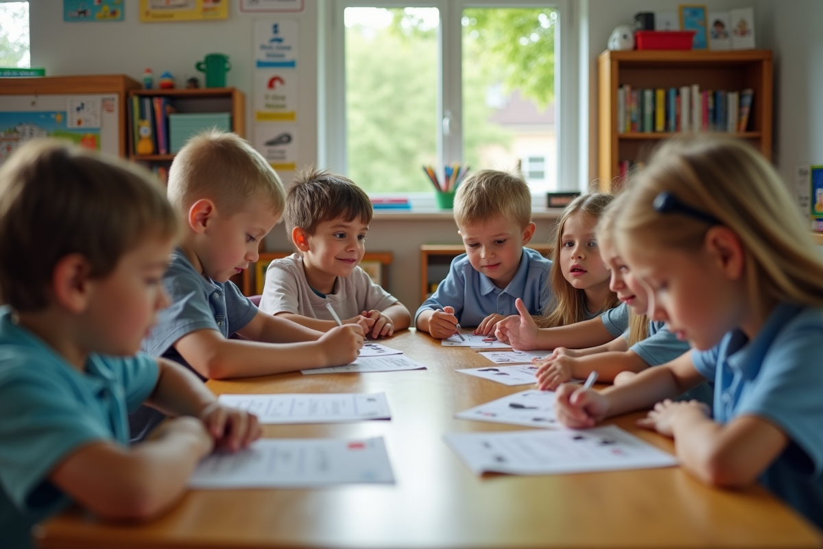 Enfants autour d'une table en classe apprenant des flashcards de langue