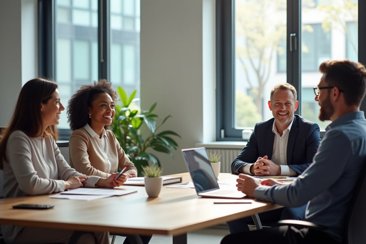 Groupe diversifié en formation dans un bureau moderne lumineux