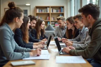 Groupe de jeunes adultes en réunion dans un espace moderne