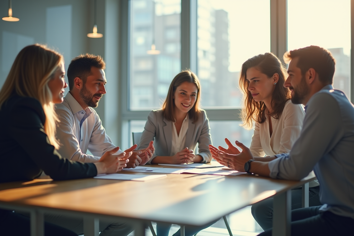 Groupe de professionnels en réunion dans un bureau lumineux