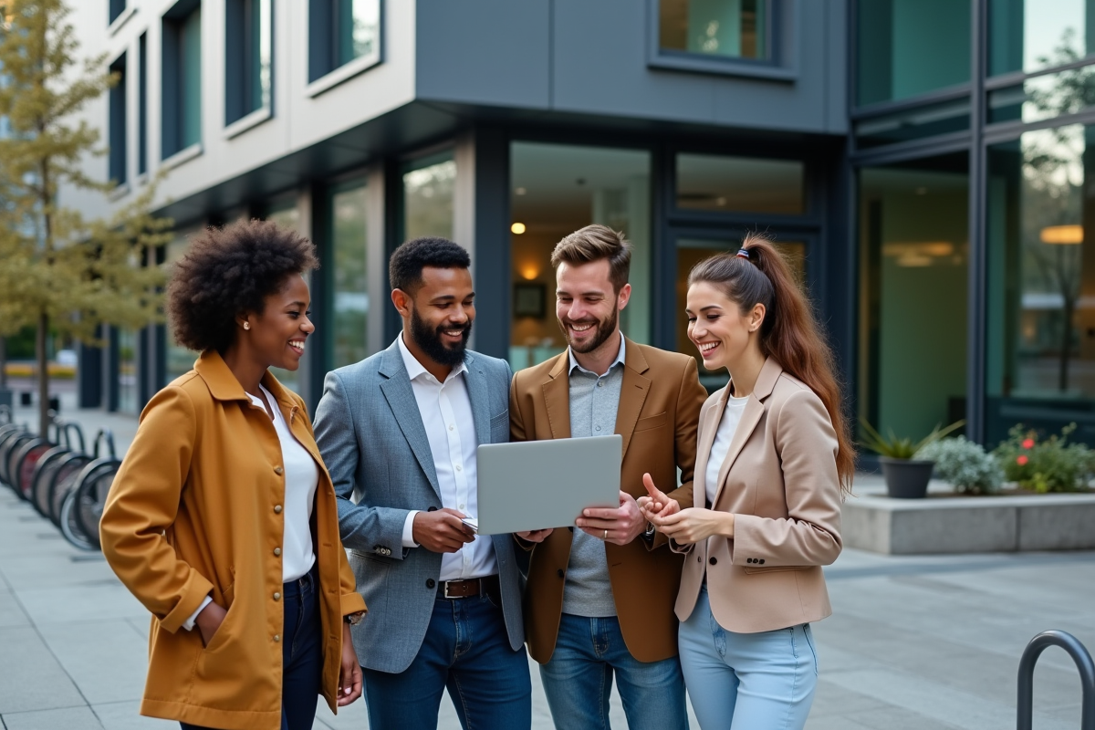 Groupe divers de professionnels discutant en extérieur urbain