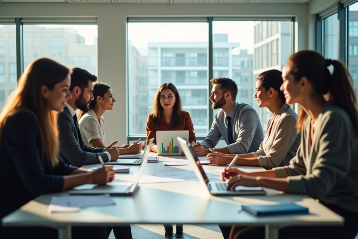 Groupe de jeunes professionnels en formation financière dans un bureau lumineux