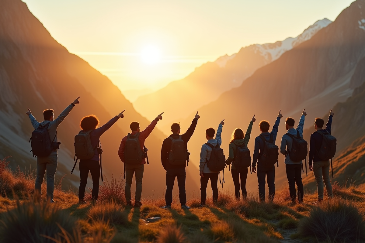 Groupe de personnes pointant vers un sommet en montagne au lever du soleil