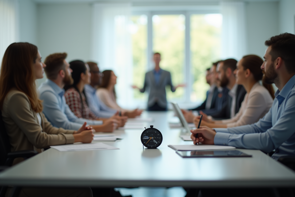 Groupe diversifié en réunion avec présentateur et minuteur