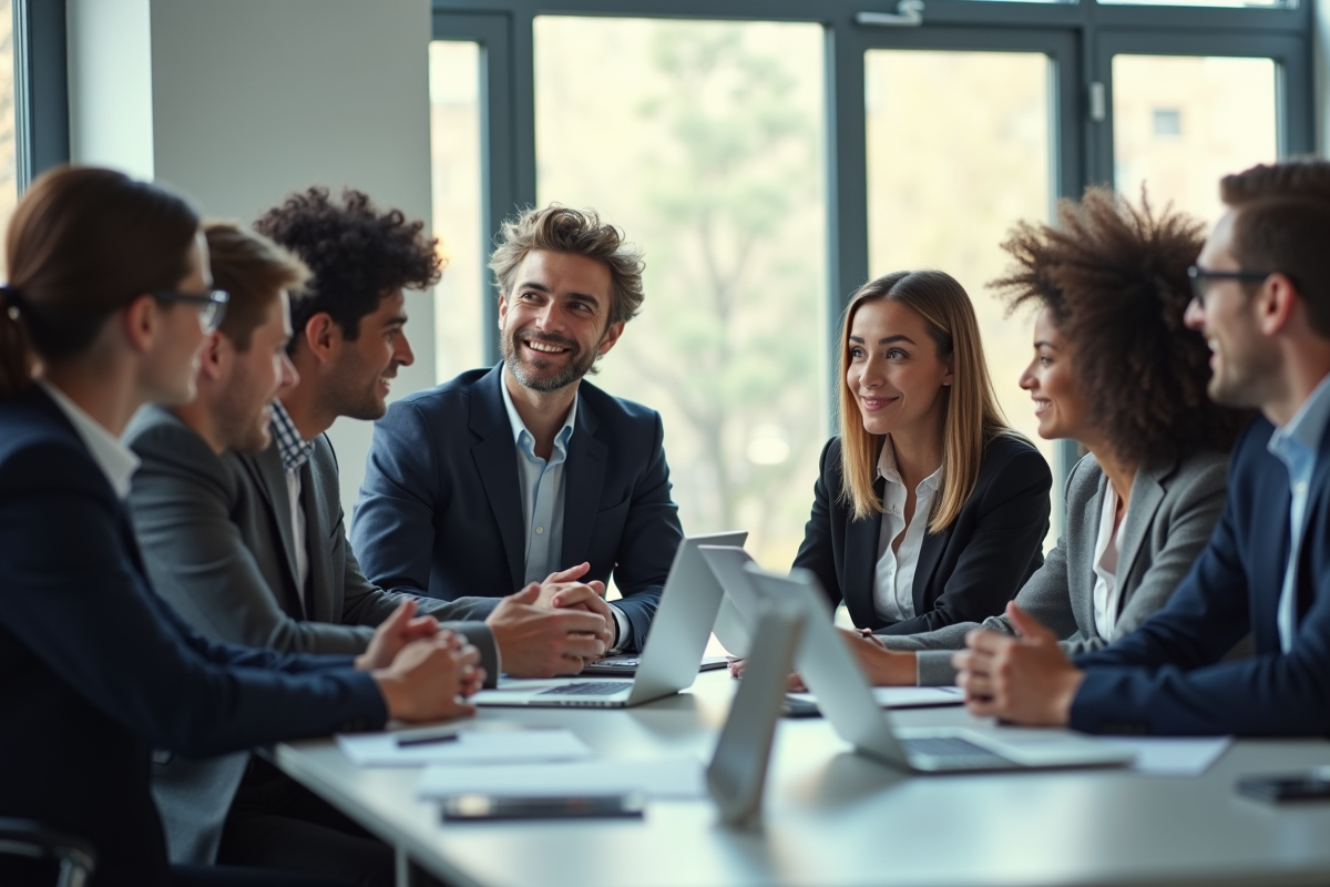 Groupe de stagiaires en discussion dans un espace lumineux