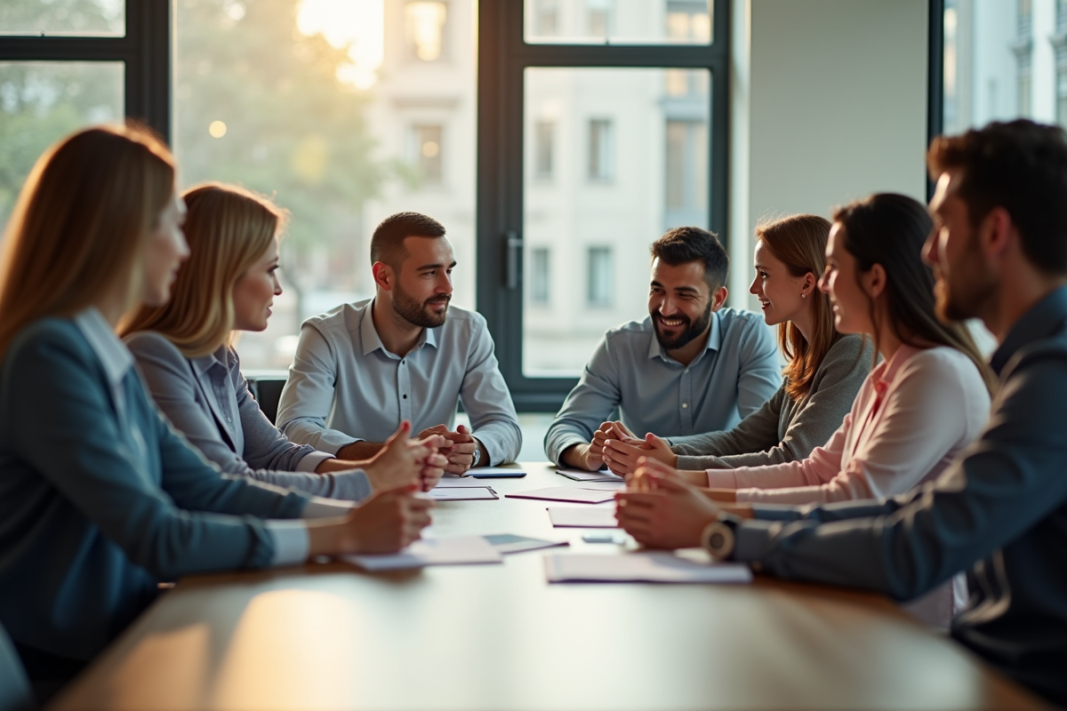 Groupe de professionnels en réunion dans un bureau lumineux