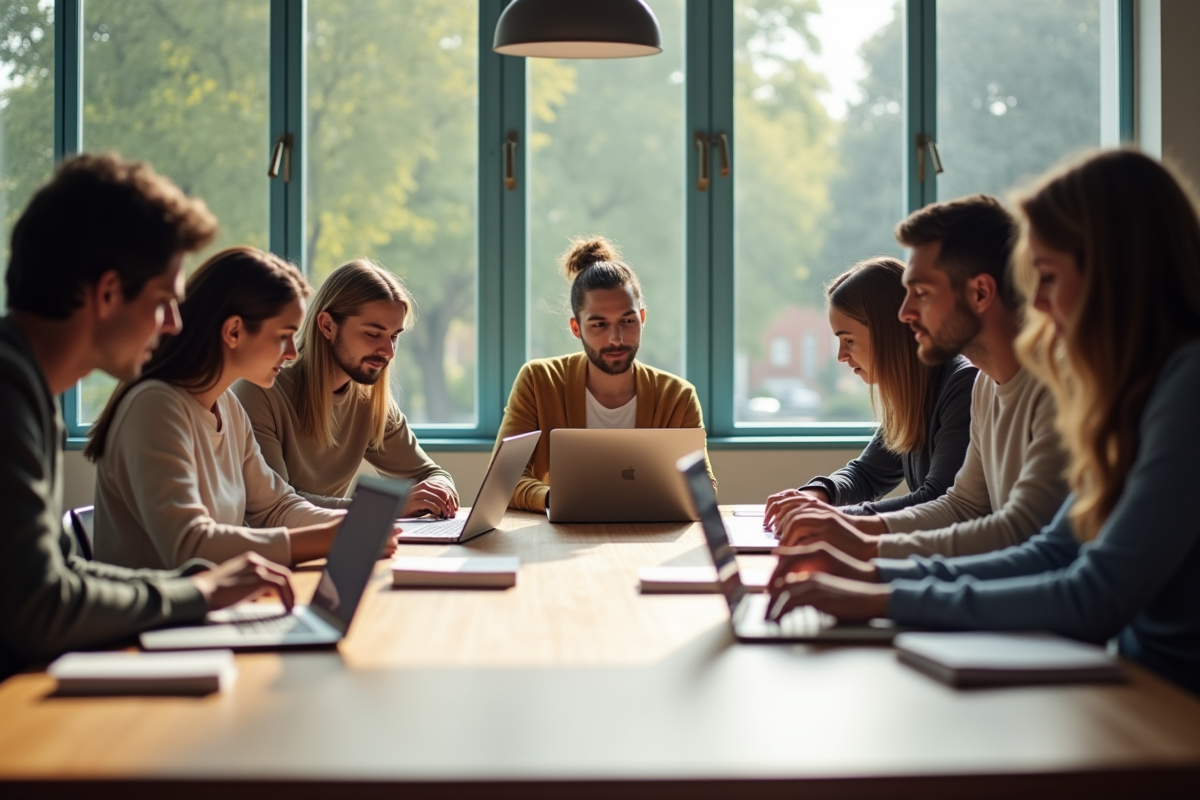 Groupe diversifié collaborant autour d'une table lumineuse