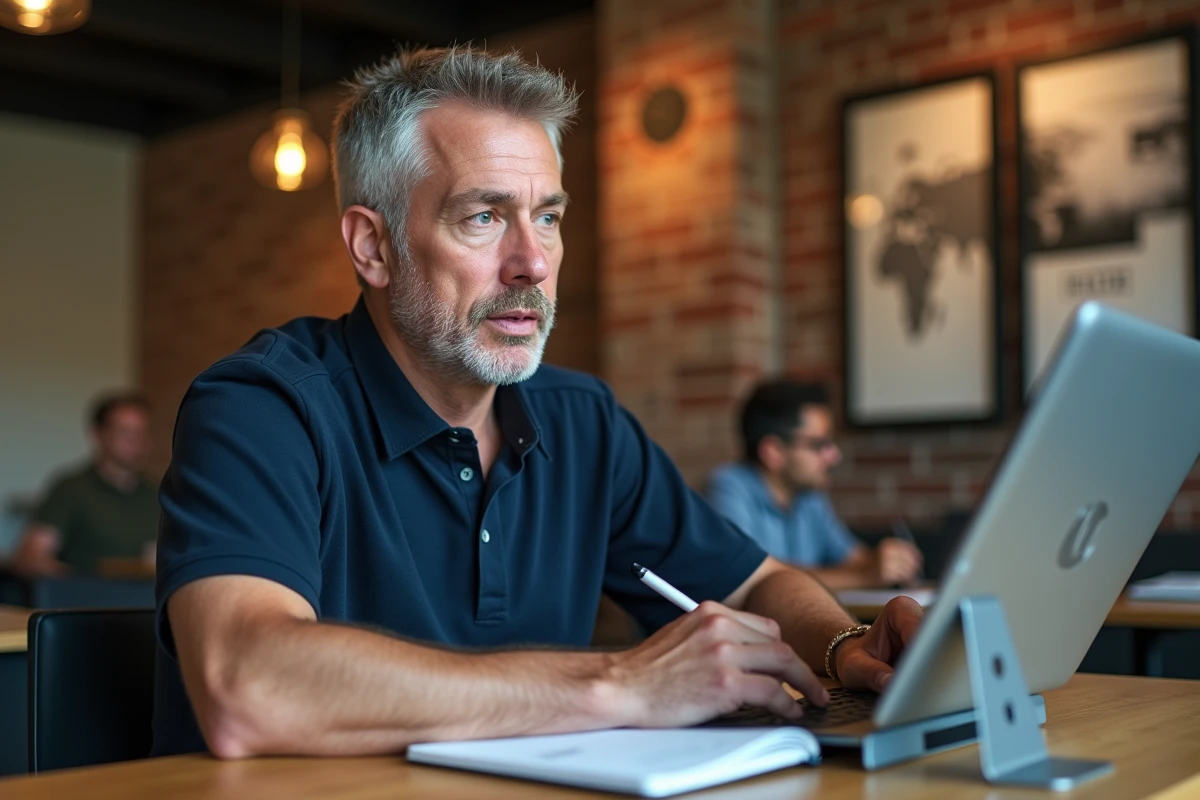 Homme adulte suivant une formation Canva sur tablette dans un espace de coworking moderne