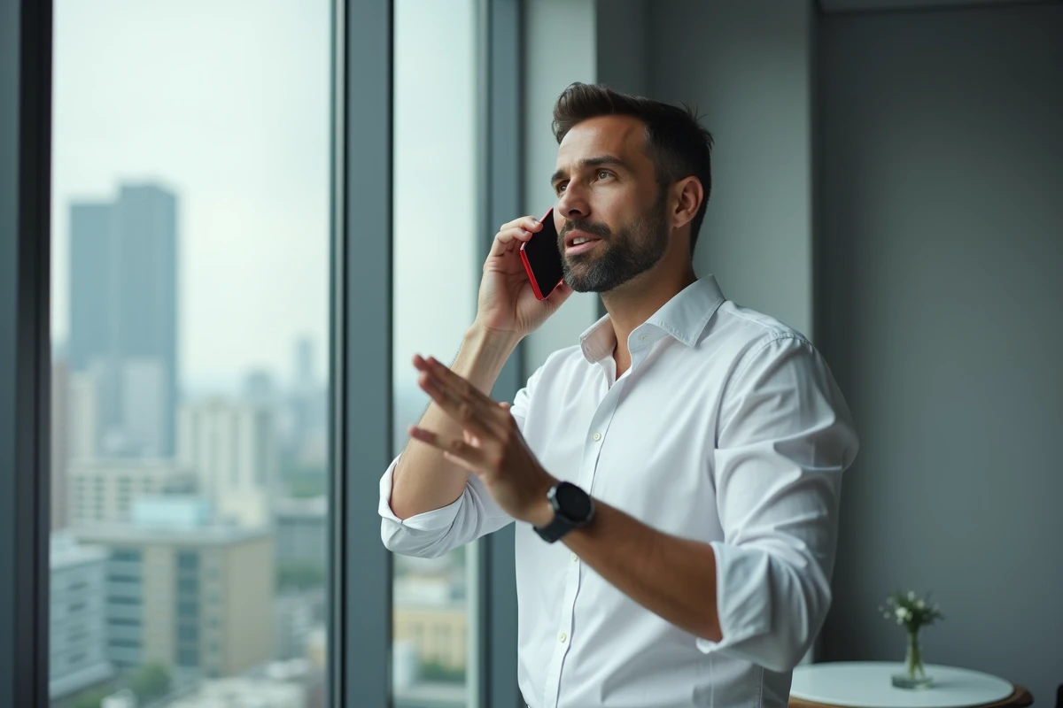 Homme d'affaires en communication téléphonique debout près d'une fenêtre de bureau, gesticulant pendant un appel professionnel pour illustrer les erreurs courantes à l'oral