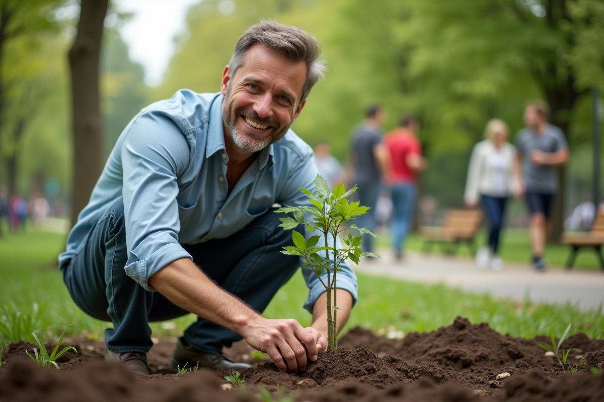 Homme plantant un jeune arbre avec des bénévoles dans un parc