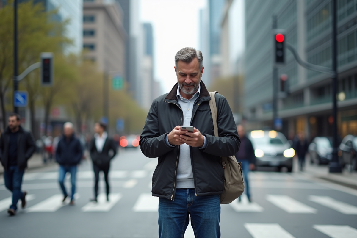 Homme dans la rue attendant au passage piétons urbain