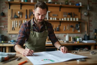 Homme en tablier de bricolage consultant un tutoriel DIY sur un établi en bois avec des outils basiques et un budget noté à la main