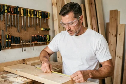 Homme bricoleur mesurant un panneau en bois dans un atelier organisé, illustrant une formation bricolage CPF