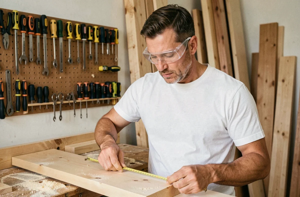 Homme bricoleur mesurant un panneau en bois dans un atelier organisé, illustrant une formation bricolage CPF