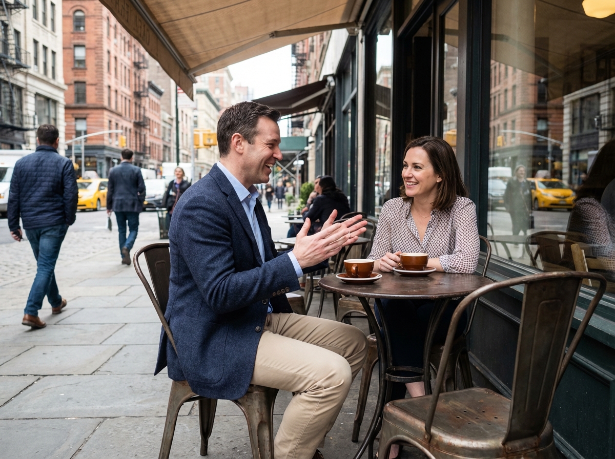 Homme en discussion avec un collègue dans un café urbain