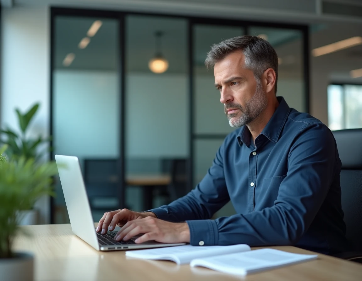Homme en chemise bleue comparant les tarifs et offres d'un magazine en ligne sur ordinateur portable dans un bureau professionnel