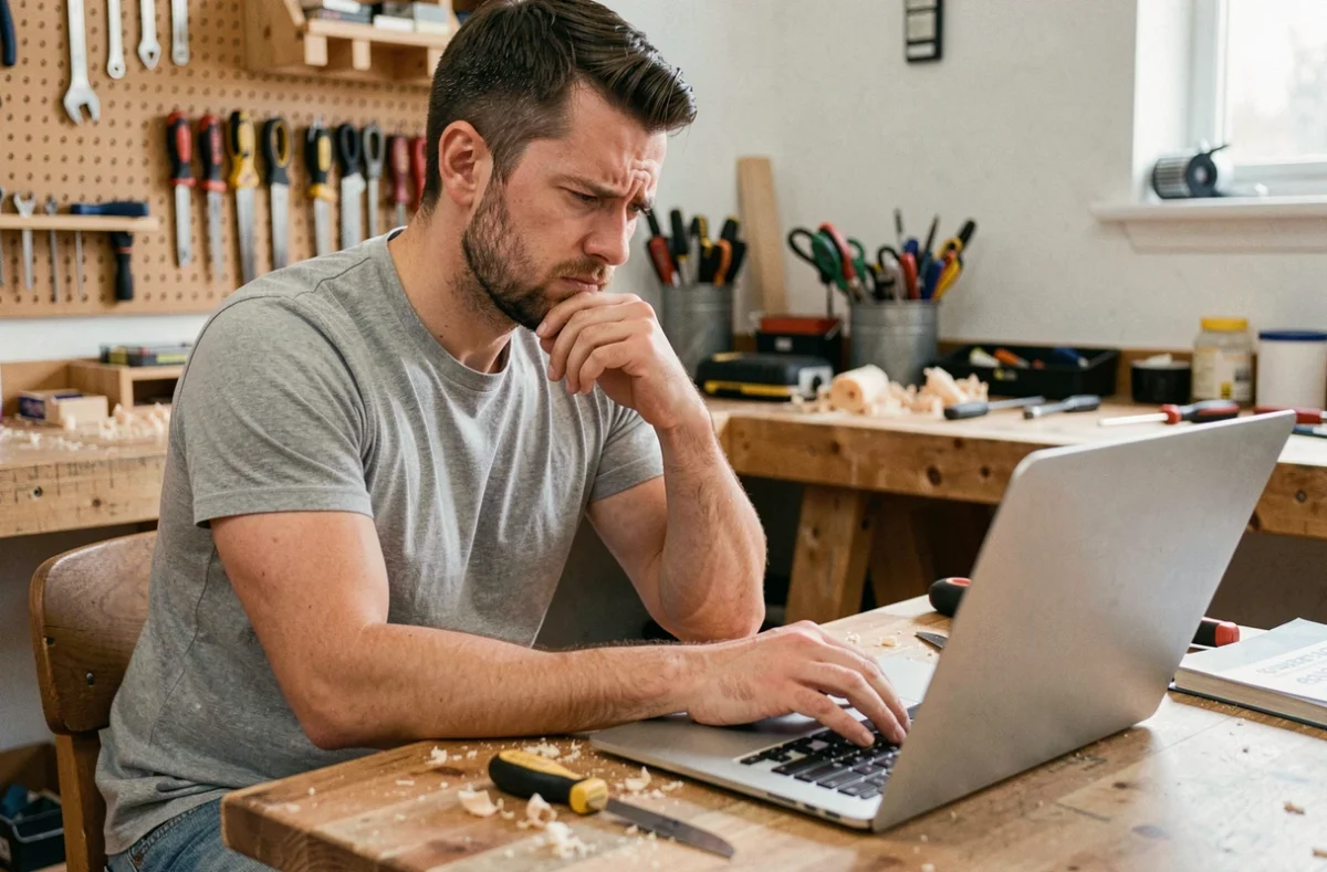 Homme confus devant son ordinateur portable sur un bureau d'atelier en bois, illustrant les erreurs de nouveaux inscrits sur une plateforme de bricolage en ligne