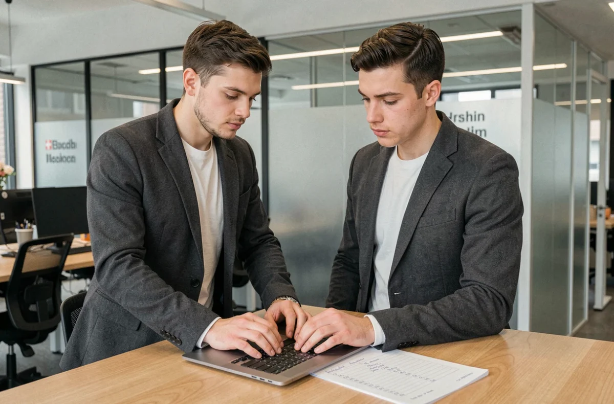 Jeune homme en blazer gris travaillant sur son CV dans un espace de coworking à Zurich