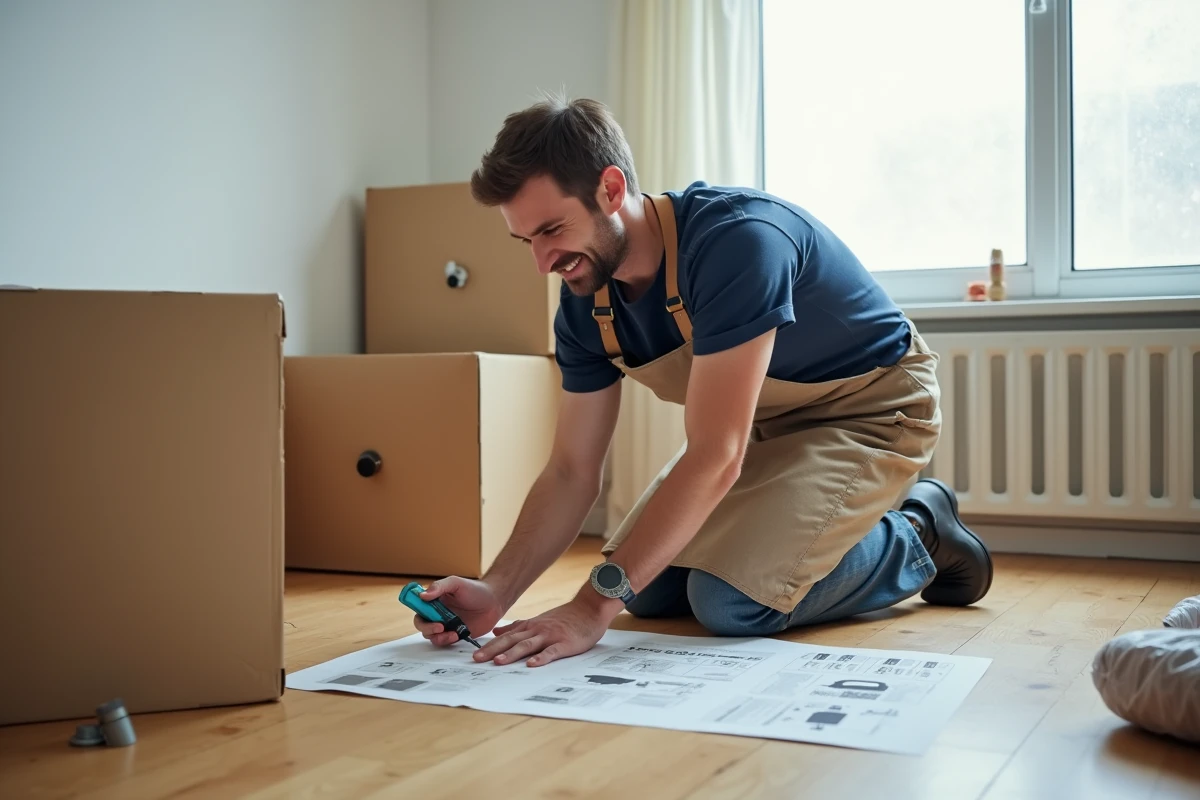 Homme débutant assemblant un meuble en kit dans un appartement moderne avec notice d'instructions