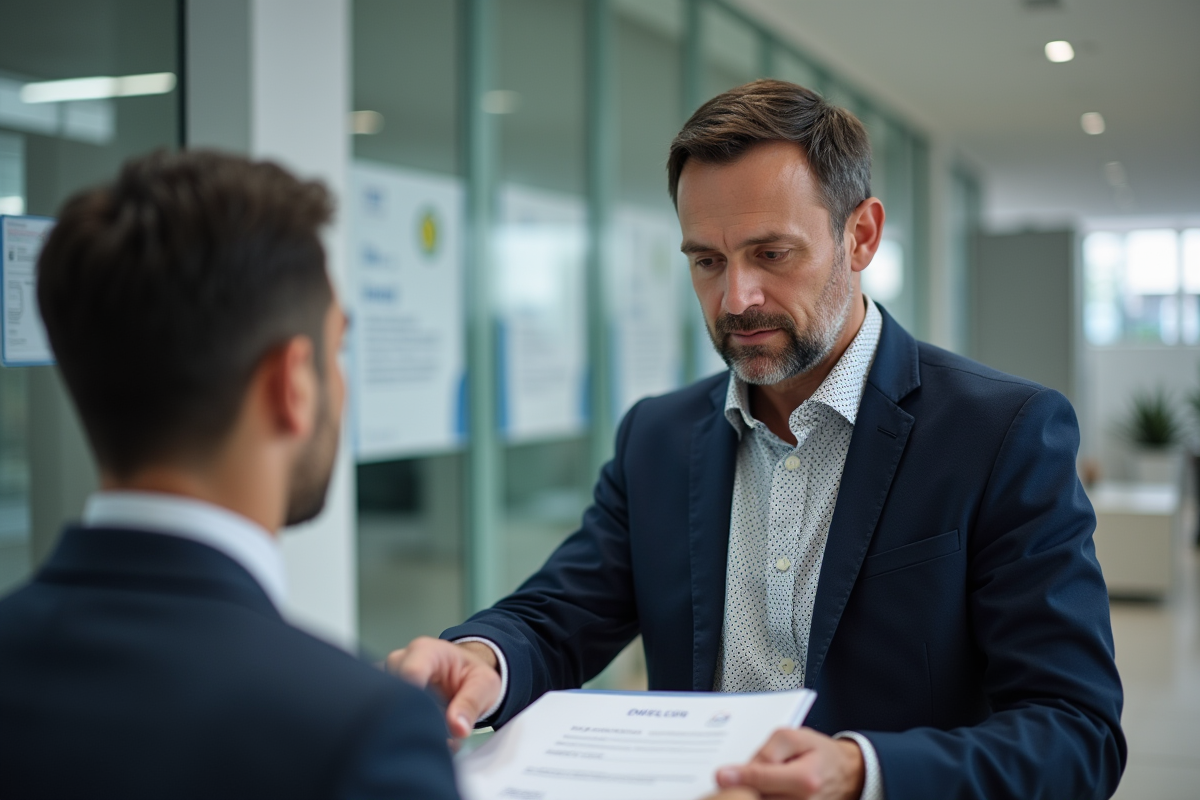 Homme présente un diplôme à un agent administratif dans une mairie