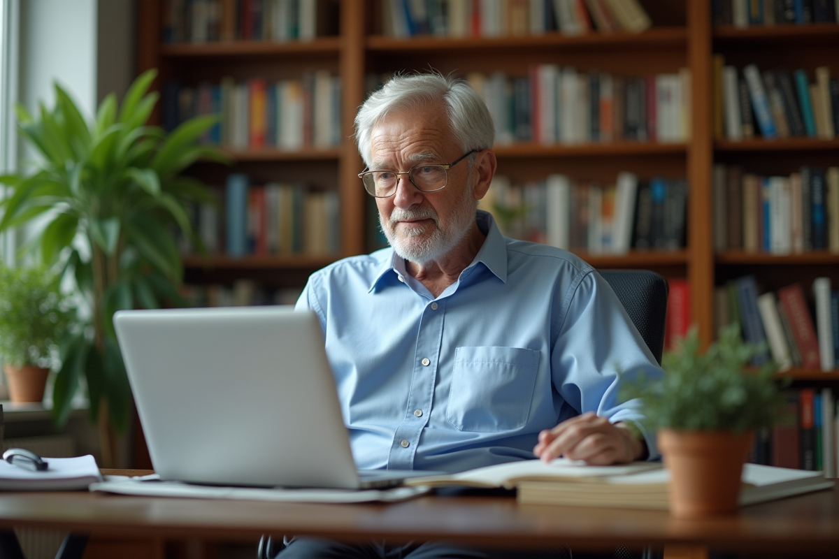 Homme âgé participant à un cours en ligne à domicile