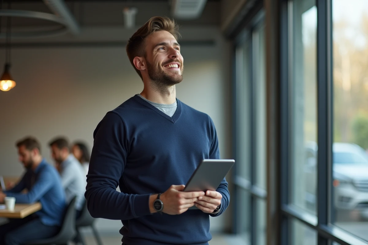 Homme en espace de coworking tenant une tablette et réfléchissant à son orientation de carrière avec confiance