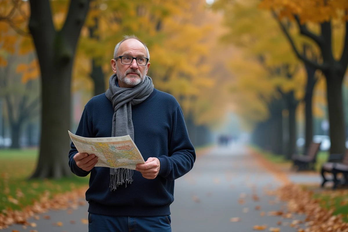 Homme avec cartes dans un parc en automne en pleine réflexion