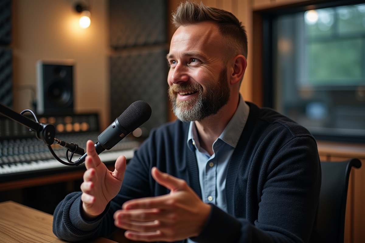 Homme enregistrement podcast dans un studio professionnel