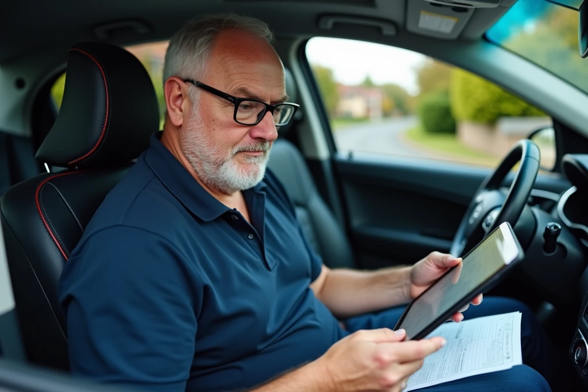 Homme pratiquant le test de conduite avec tablette dans la voiture