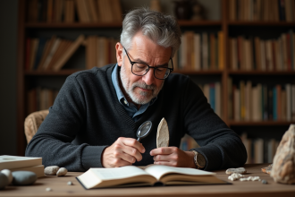 Homme d'âge moyen examinant un biface en pierre dans son étude