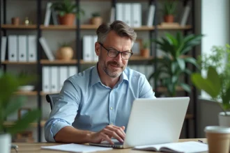 Homme d'âge moyen en réflexion dans un bureau lumineux