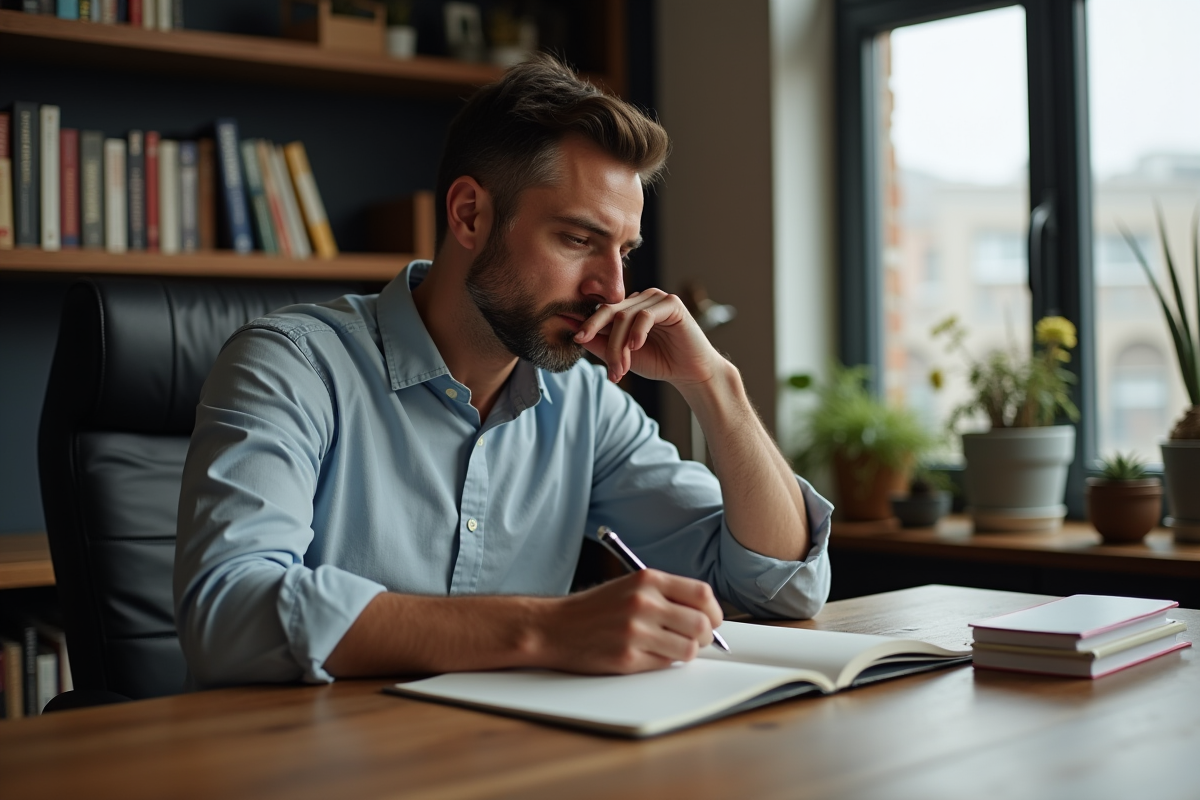 Homme pensif dans un bureau à domicile lumineux