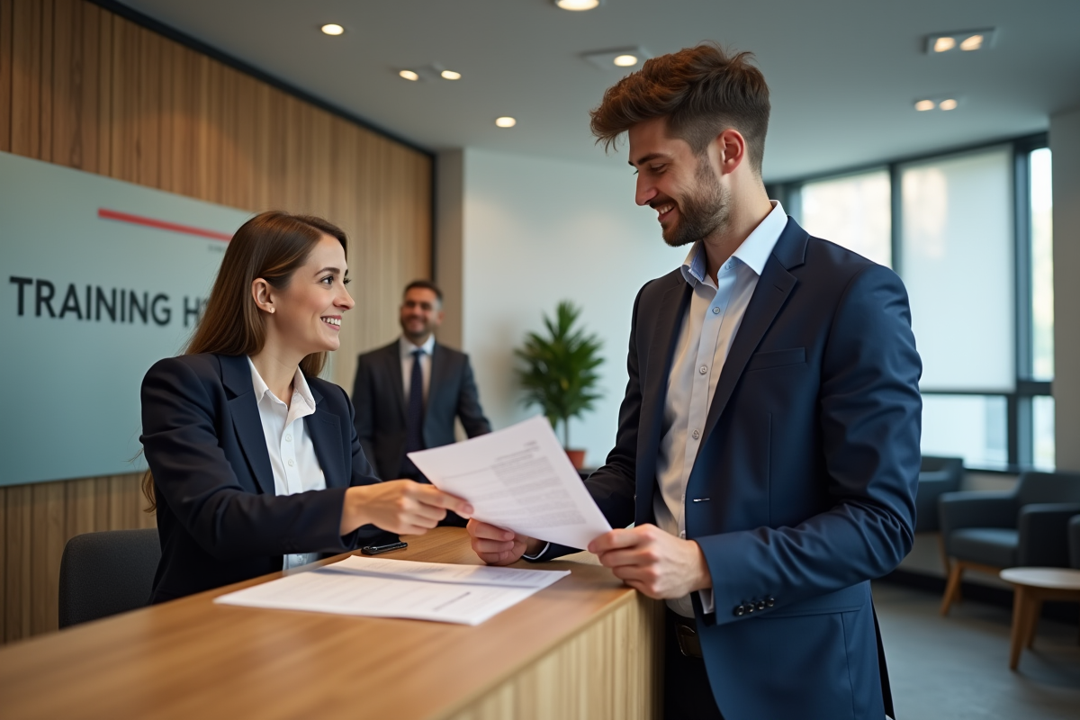 Jeune homme remettant un formulaire de paiement à une réceptionniste