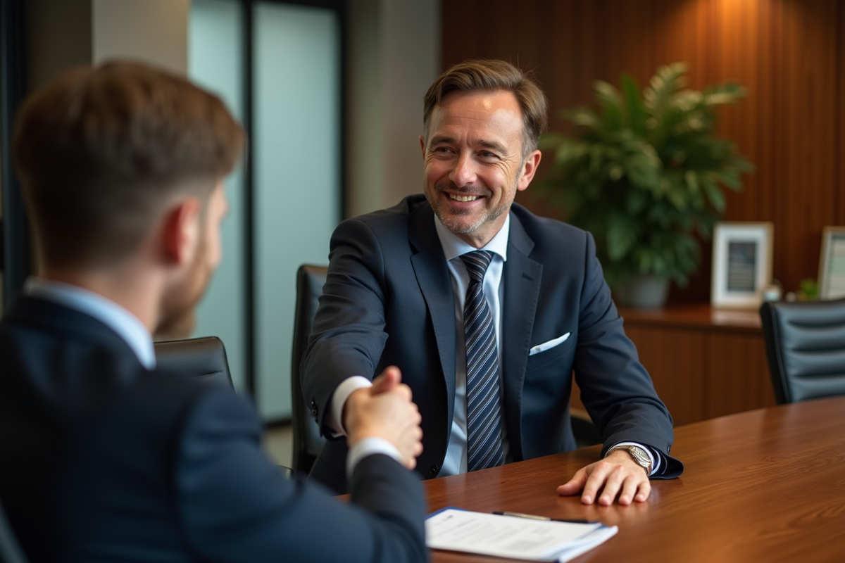 Homme souriant serrant la main d un client en salle de réunion