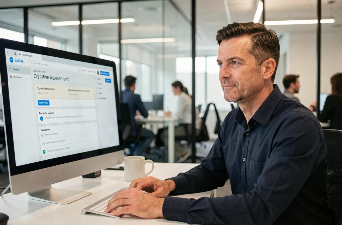 Homme sérieux passant un test de QI en ligne sur ordinateur dans un environnement de bureau professionnel