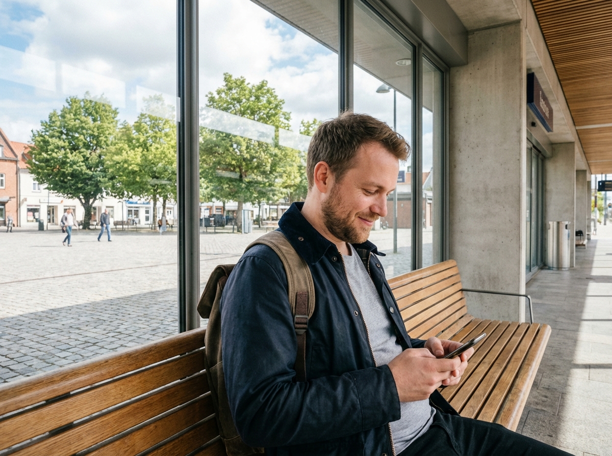Jeune homme dans une gare moderne avec sac &agrave; dos