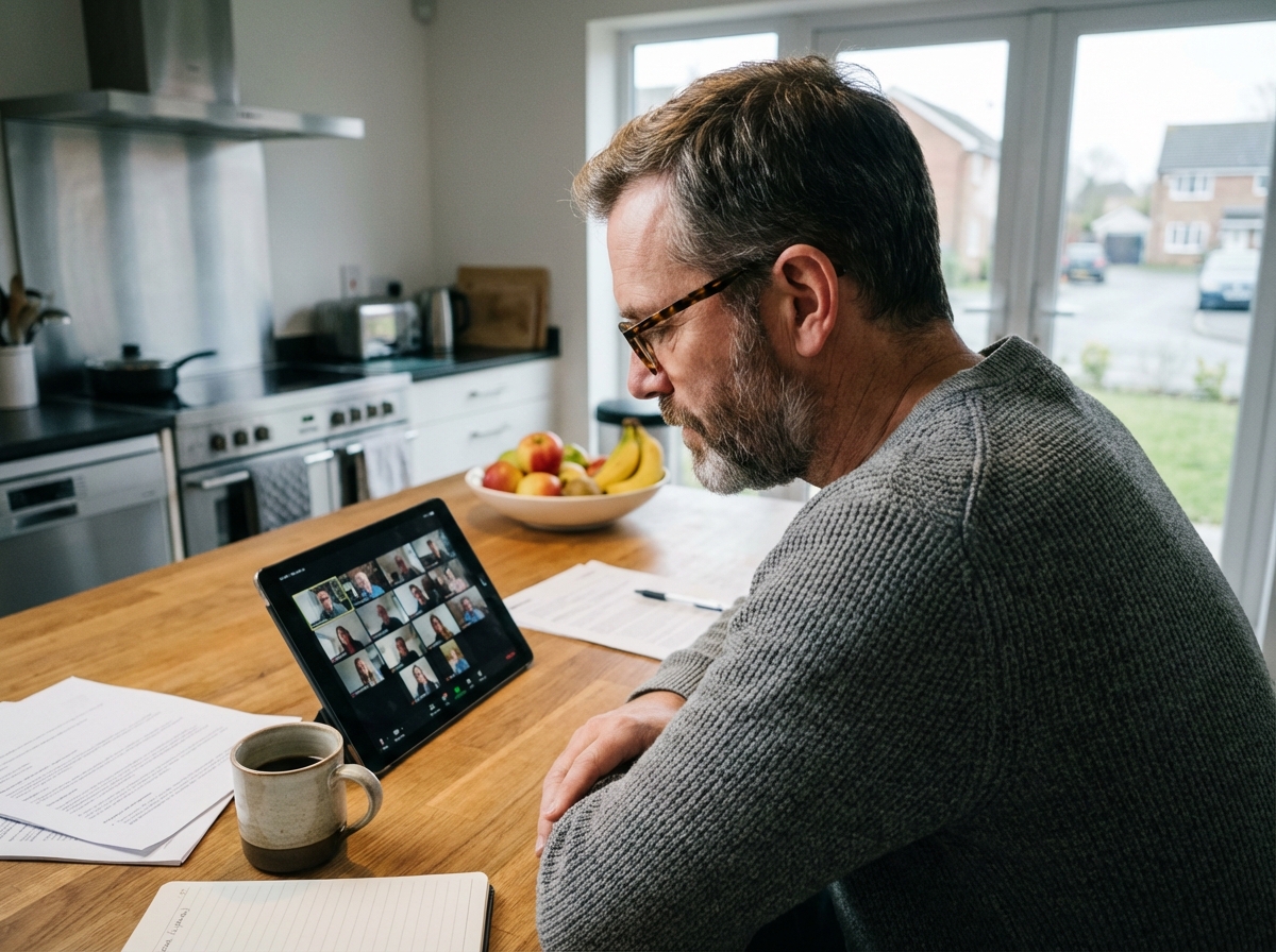 Homme en visioconference dans une cuisine moderne