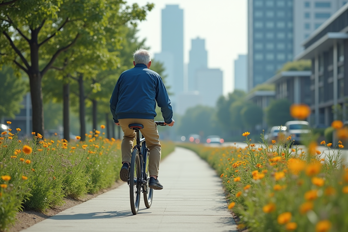 Homme âgé roulant à vélo dans une ville écologique