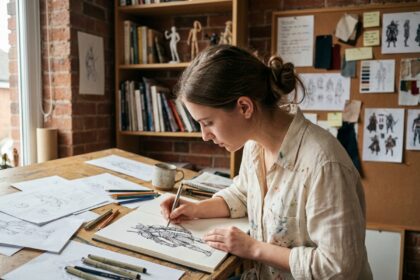 Jeune illustratrice dessinant un personnage fantastique dans son atelier créatif avec des esquisses épinglées au mur