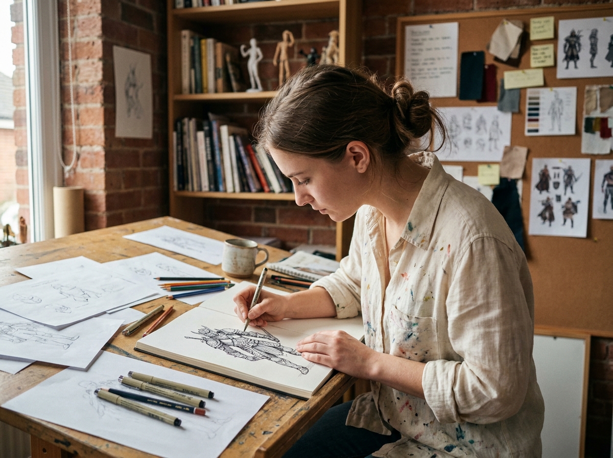 Jeune illustratrice dessinant un personnage fantastique dans son atelier créatif avec des esquisses épinglées au mur
