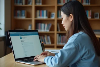 Étudiante inscrivant son examen en ligne sur le portail Cyclades depuis une bibliothèque universitaire