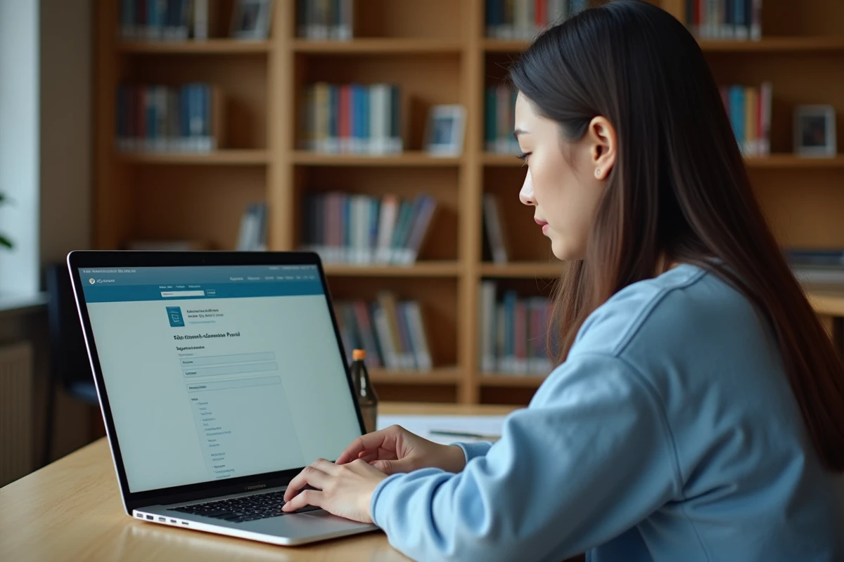 Étudiante inscrivant son examen en ligne sur le portail Cyclades depuis une bibliothèque universitaire