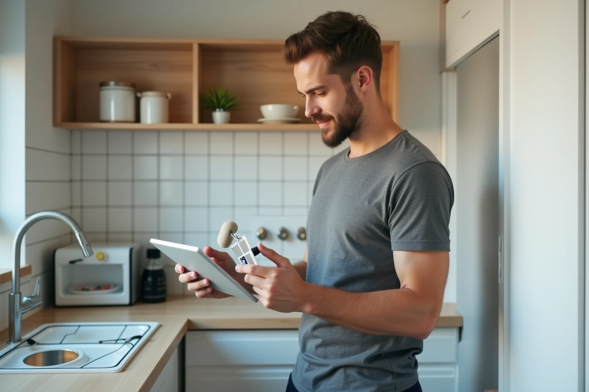 Jeune homme consultant une plateforme DIY sur tablette pour rénover son appartement en location à petit budget