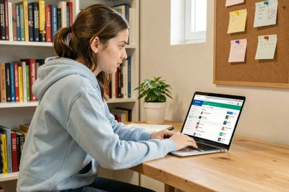 Jeune bachelière découvrant l'ENT Le Havre Normandie sur son ordinateur portable à son bureau