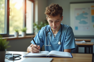 Jeune étudiant en médecine avec livre et stethoscope