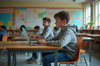 Adolescent concentré sur son ordinateur dans une salle moderne