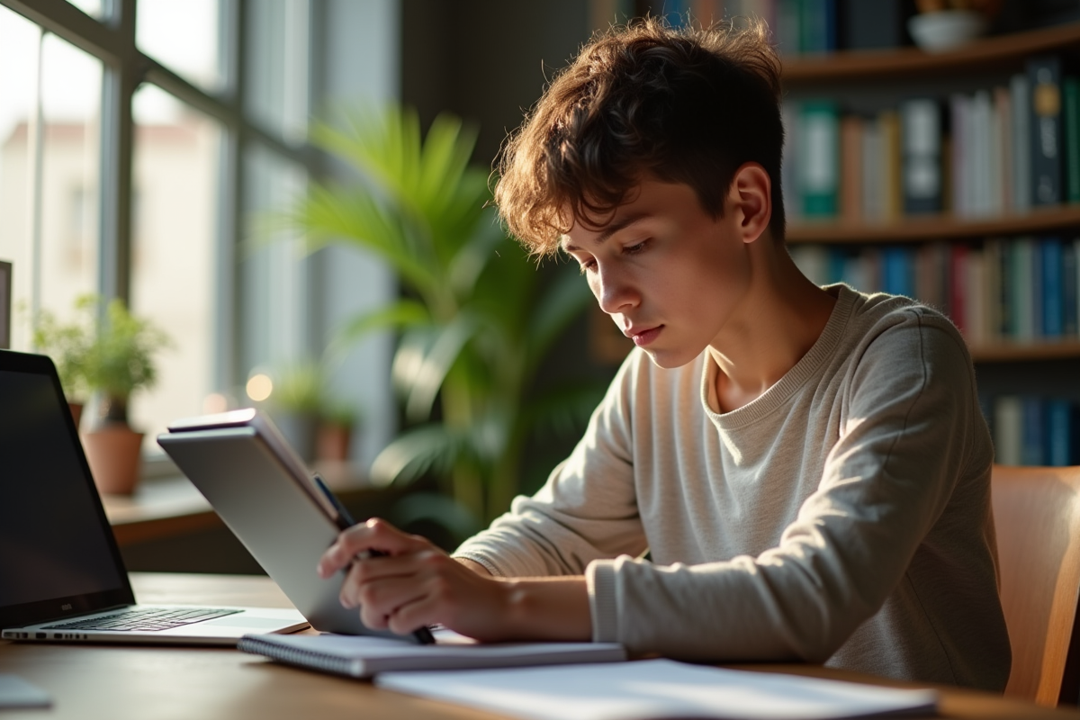 Jeune étudiant étudiant seul avec tablette et cahier