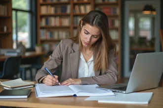 Jeune femme en blazer annotant des documents dans une bibliothèque moderne