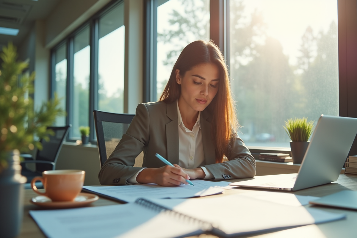 Jeune femme au bureau remplissant un formulaire dans un bureau lumineux