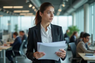 Jeune femme en bureau professionnel tenant des documents
